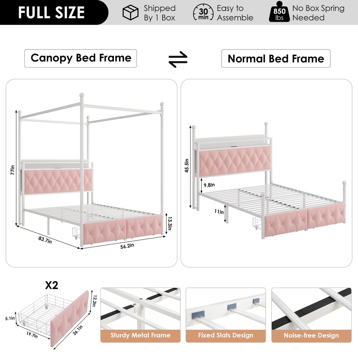 HIFIT Full Size Upholstered LED Canopy Bed Frame with Storage and Charging Station, Button Tufted Storage Headboard with Bookshelf, Two-Use Metal Platform Bed with 4 Removable Posts & 2 Drawers, Pink HIFIT