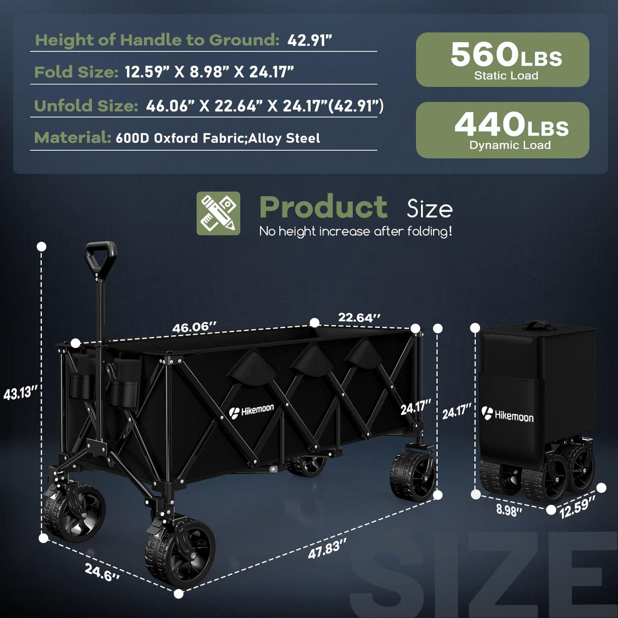 Hikemoon 48"L Collapsible Wagon Cart Foldable, 560LB Weight Capacity 300L Heavy Duty Folding Beach Wagon with All-terrain Big Wheel, Utility Wagon for Grocery, Shopping, Garden, Sports, Camping, Black HIKEMOON