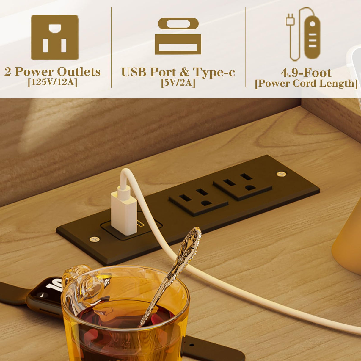 Albott Natural Oak Floating Bed Frame with Extended Headboard, LED Lights, and Integrated Charging Station Albott