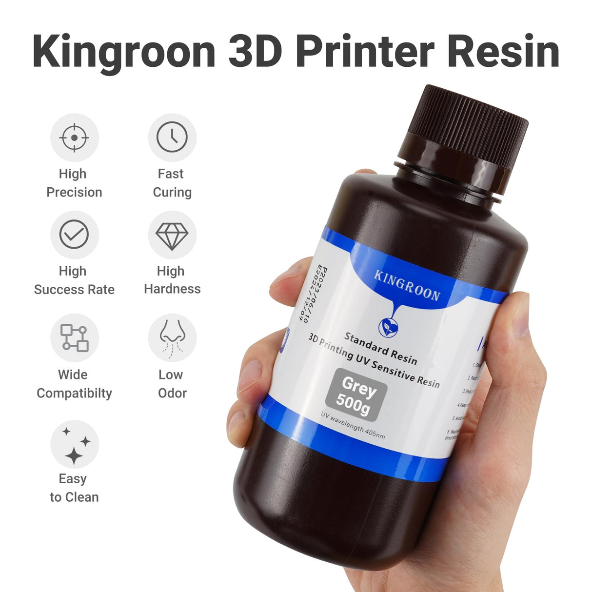 Kingroon Standard 3D Printer Resin, High Precision UV-Curing 3D Resin, Designed to Showcase Highly Detailed 3D Models & Works 0.5kg (Gray) Kingroon