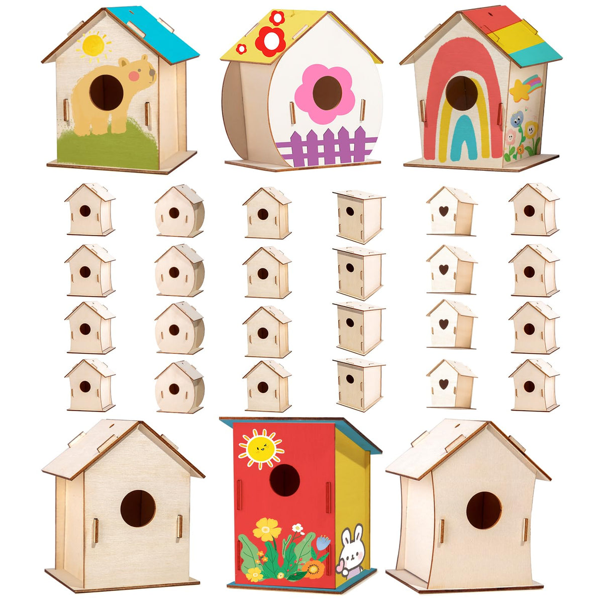 24 Sets DIY Wood Birdhouse Bulk for Kids Parties and Classrooms, Art Painting Bird House Craft Kit Unfinished Wood Bird Houses to Paint for Kids 3+ Spring Summer Arts and Craft Projects QUYSK