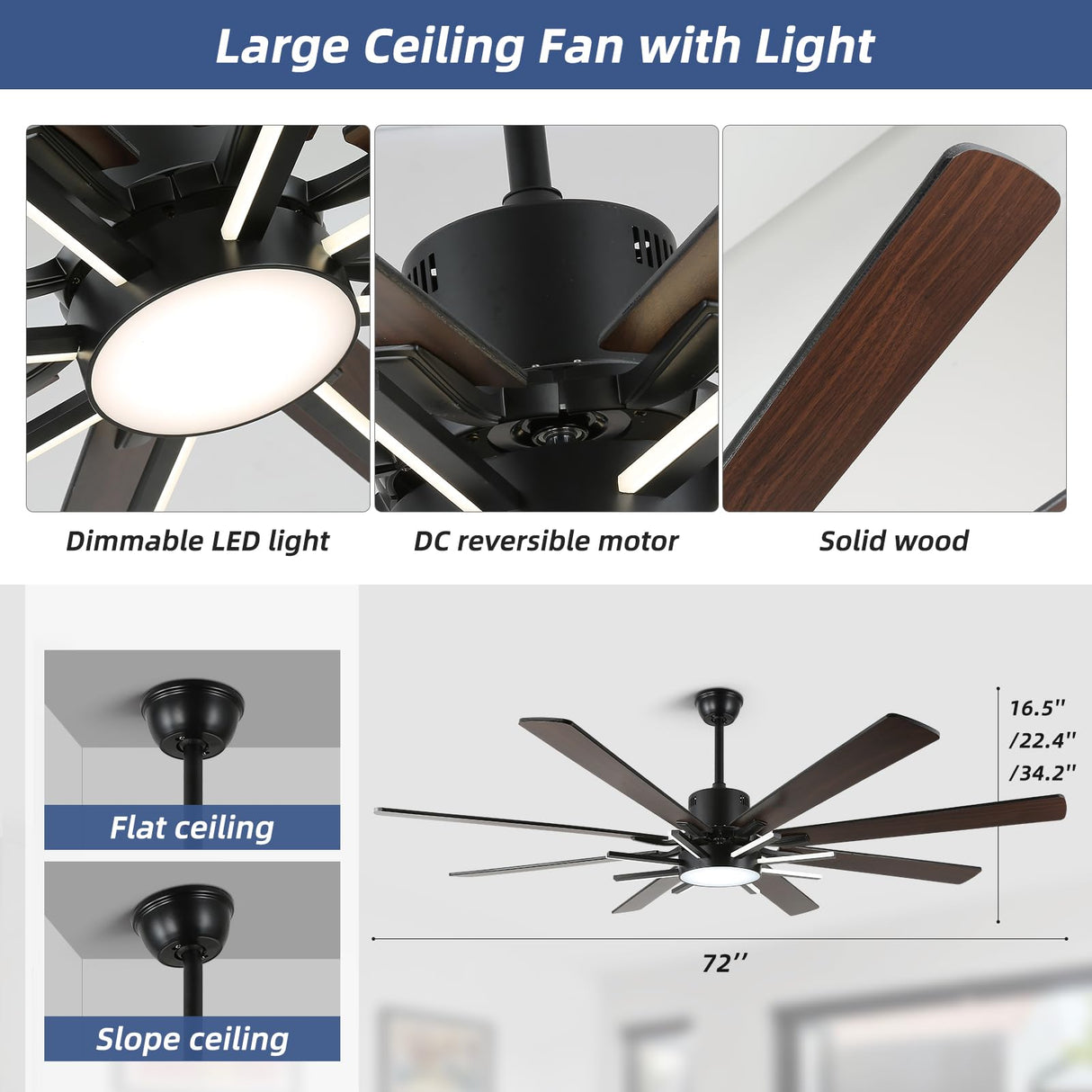 YYEHON 72 Inch Modern Ceiling Fan with Lights & Remote, Large Chandelier Ceiling Fan for Living Room, Patio, Farmhouse, 8 Blades & 9 Lights, 6-Speed Reversible DC Motor, 3 CCT, Black YYEHON