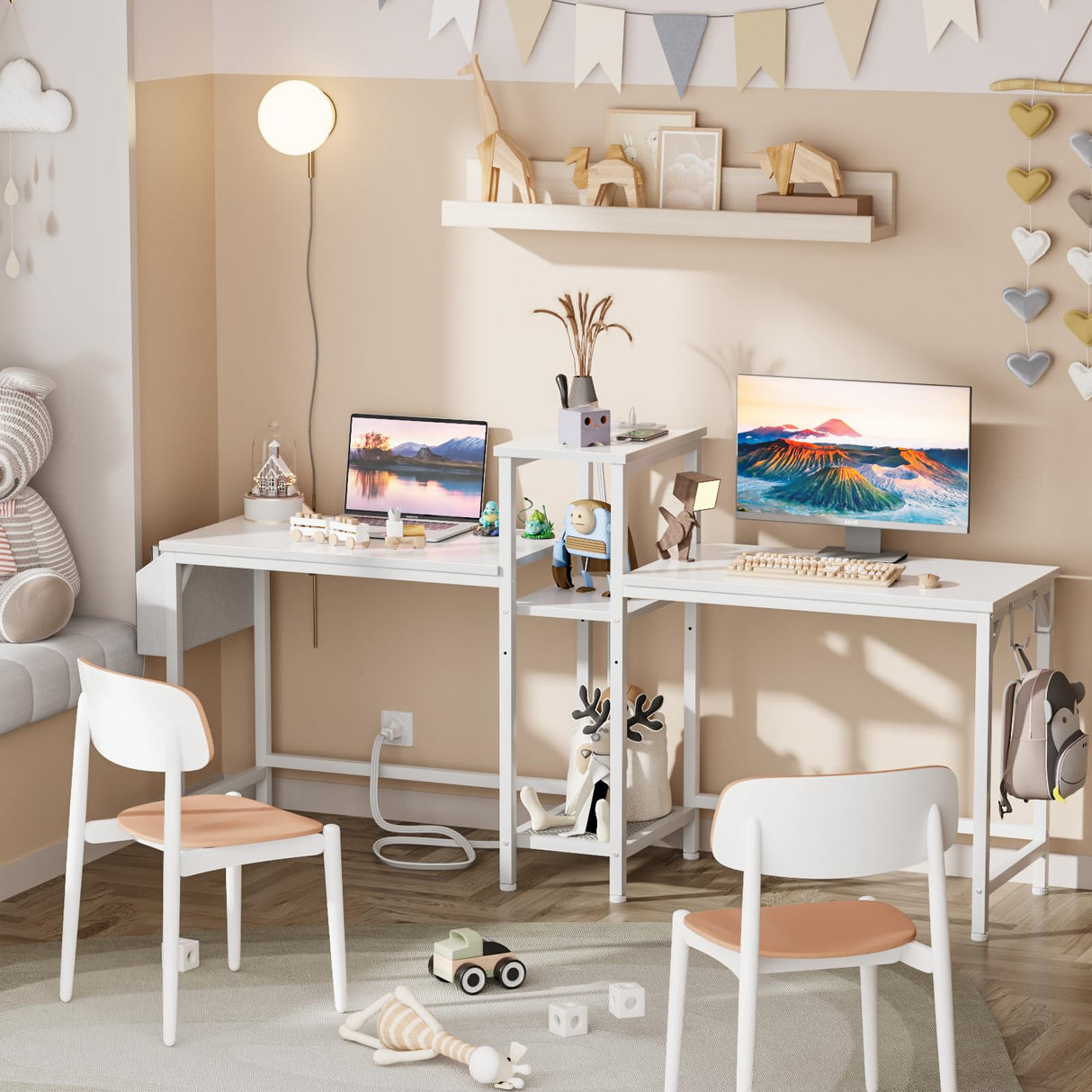 Furologee Double Desk with Power Outlets, 71 Inch Computer Desk with Storage Bag and Headphone Hooks, Gaming Desk Study Writing Table for Home Office, White Furologee