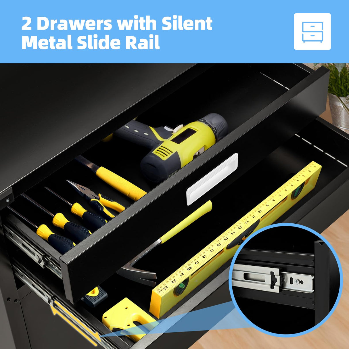 JFHID Work Bench for Garage with Pegboard Drawers and Cabinets Heavy Duty Metal Frame Tool Bench for Shop Kitchen Cabinets Organizer Work Table with Wheels (White Handle) JFHID