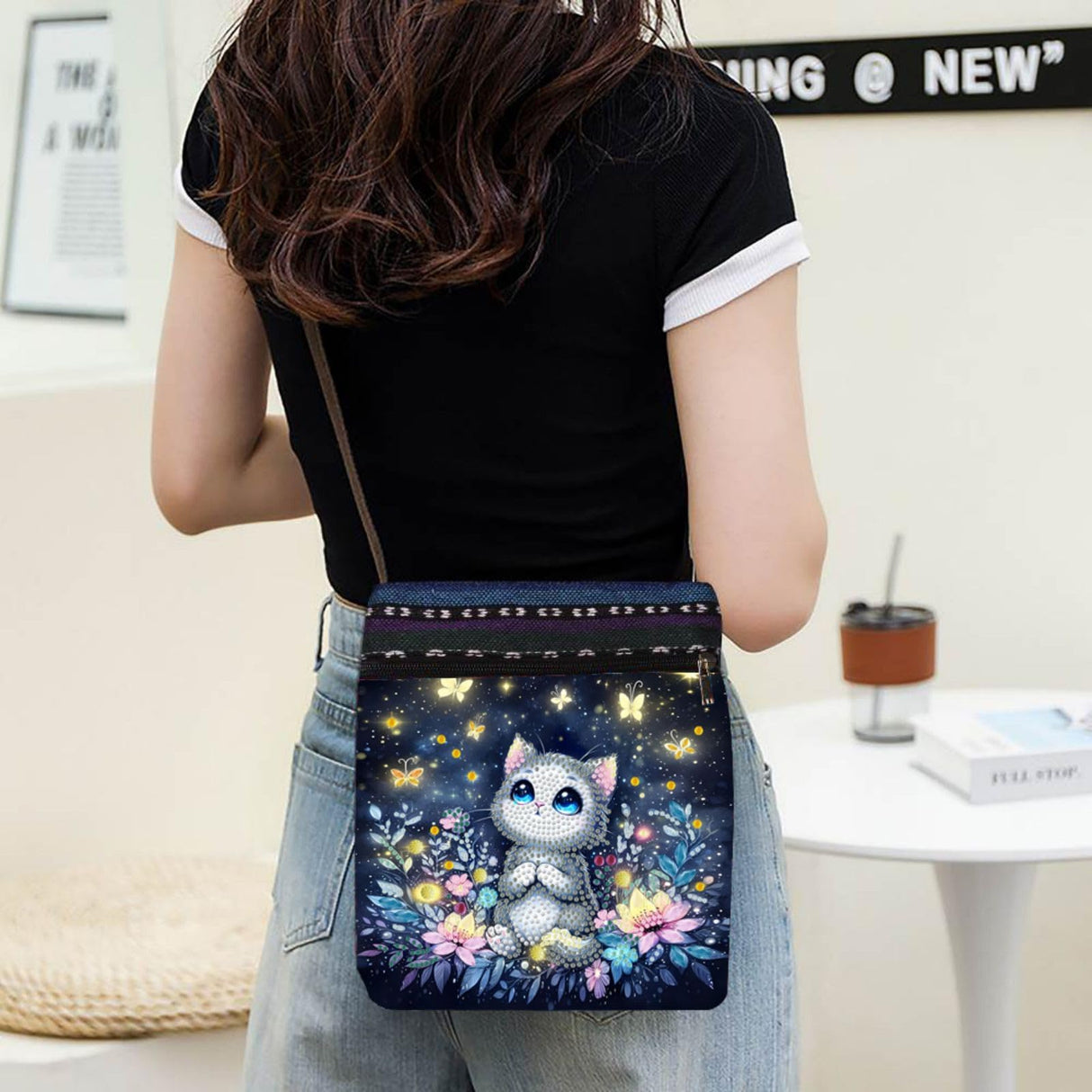 ARTopet DIY Diamond Art Painting Canvas Crossbody Bag Black Ethnic Minority Shoulder Purses Beach Bag Special Shaped Crystal by Numbers Mosaic Kits for Women-Cat ARTopet