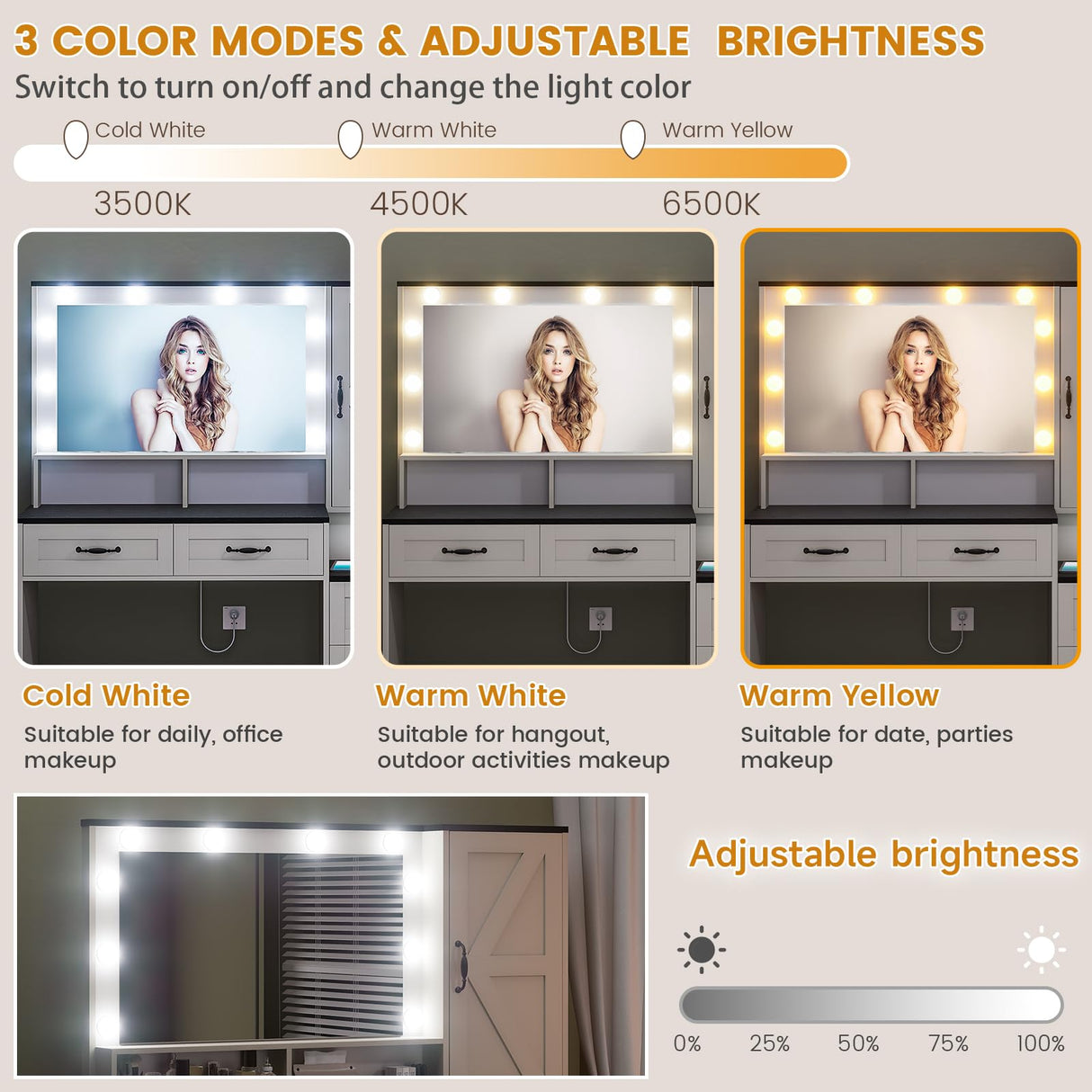 Farmhouse Vanity Desk with Mirror and 10 Led Lights, 45.3 " Large Makeup Vanity Table with Power Outlet, 5 Drawers and 1 cabinet, Vanity Set Dressing Table with 9 Hooks for Women Girls (White+Black) DINGIPP