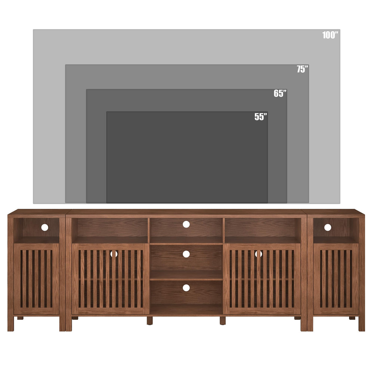 BVIUNTWO Farmhouse Brown TV Stand with Grille Doors, 7 Open Storage Compartments, 96" Media Console with Adjustable Shelves for Living Room BVIUNTWO