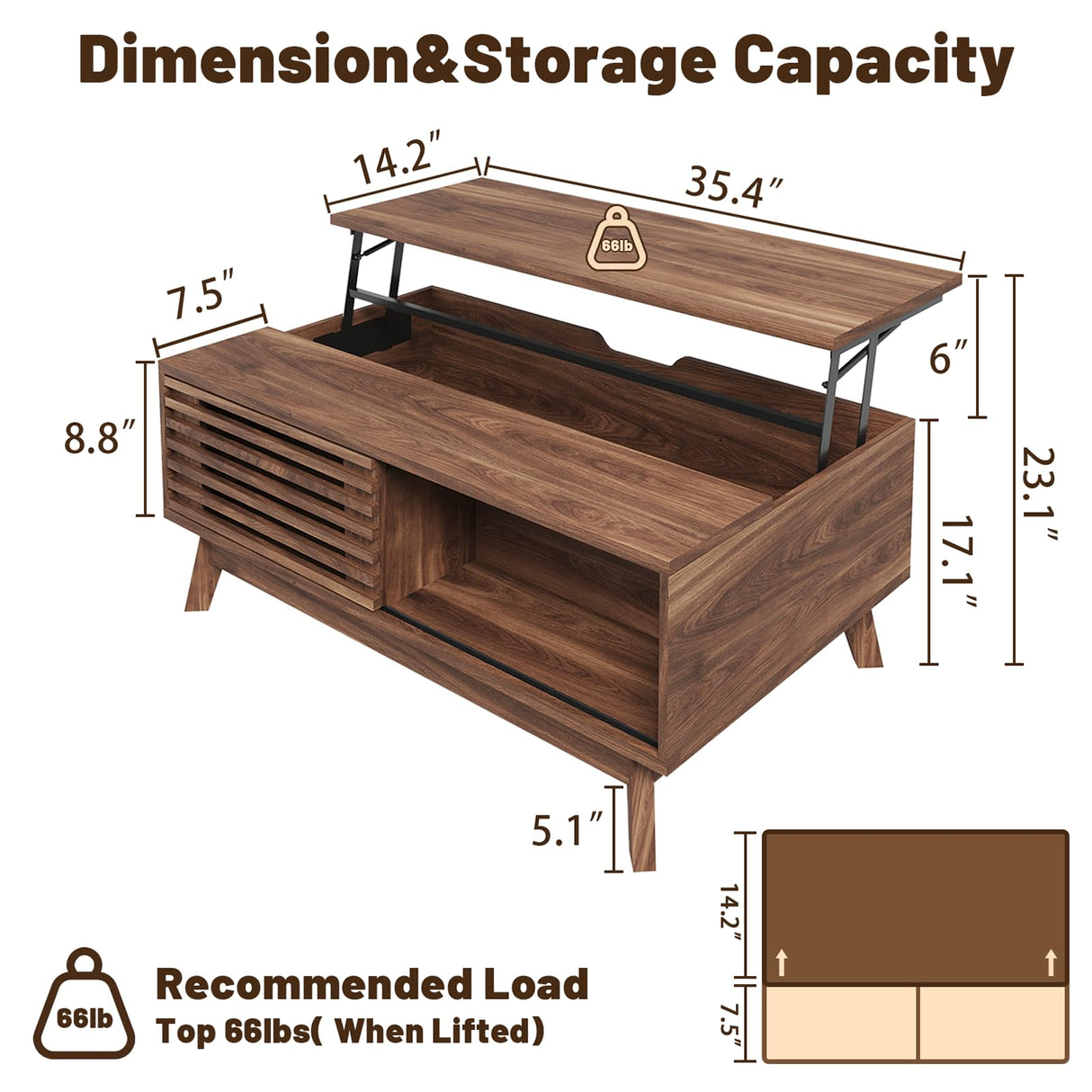 HAIOOU Coffee Table, Mid Century Modern Coffee Table with Storage, Lift Top Coffee Table for Living Room with Sliding Fence Door, 35.4'' Rectangular Fluted Coffee Table (Walnut Brown) HAIOOU