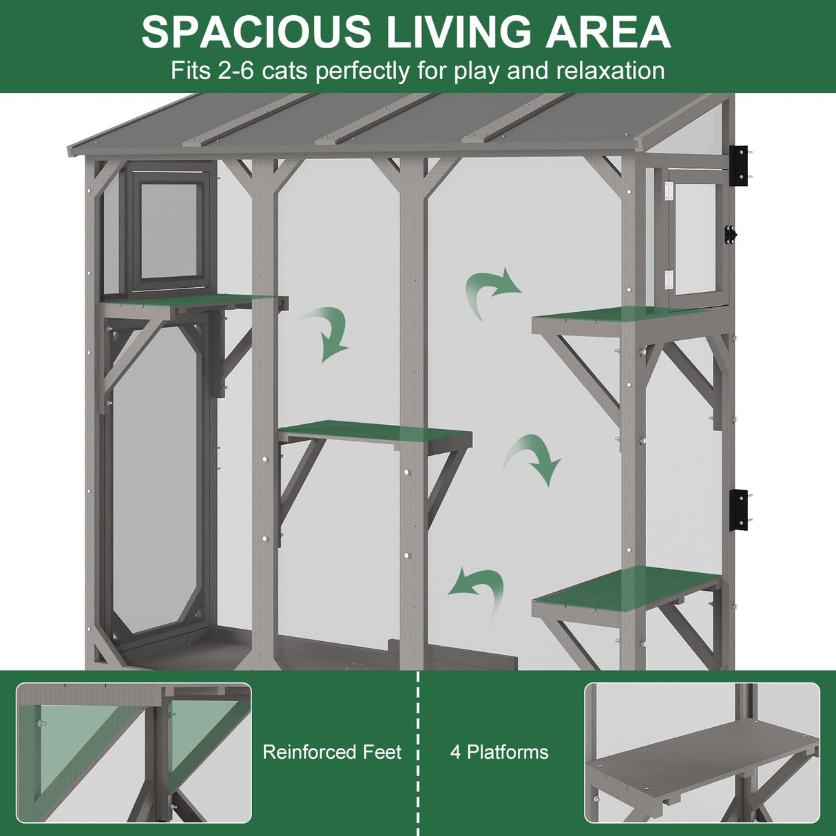 ketive Cat Catio, Expandable Window Box Enclosure for Multiple Indoor Cats, Comfortable Wooden Small Pet Perch House, All-Weather Use, Keep Bugs Insects Out, with 4 Platforms and 3 Doors ketive