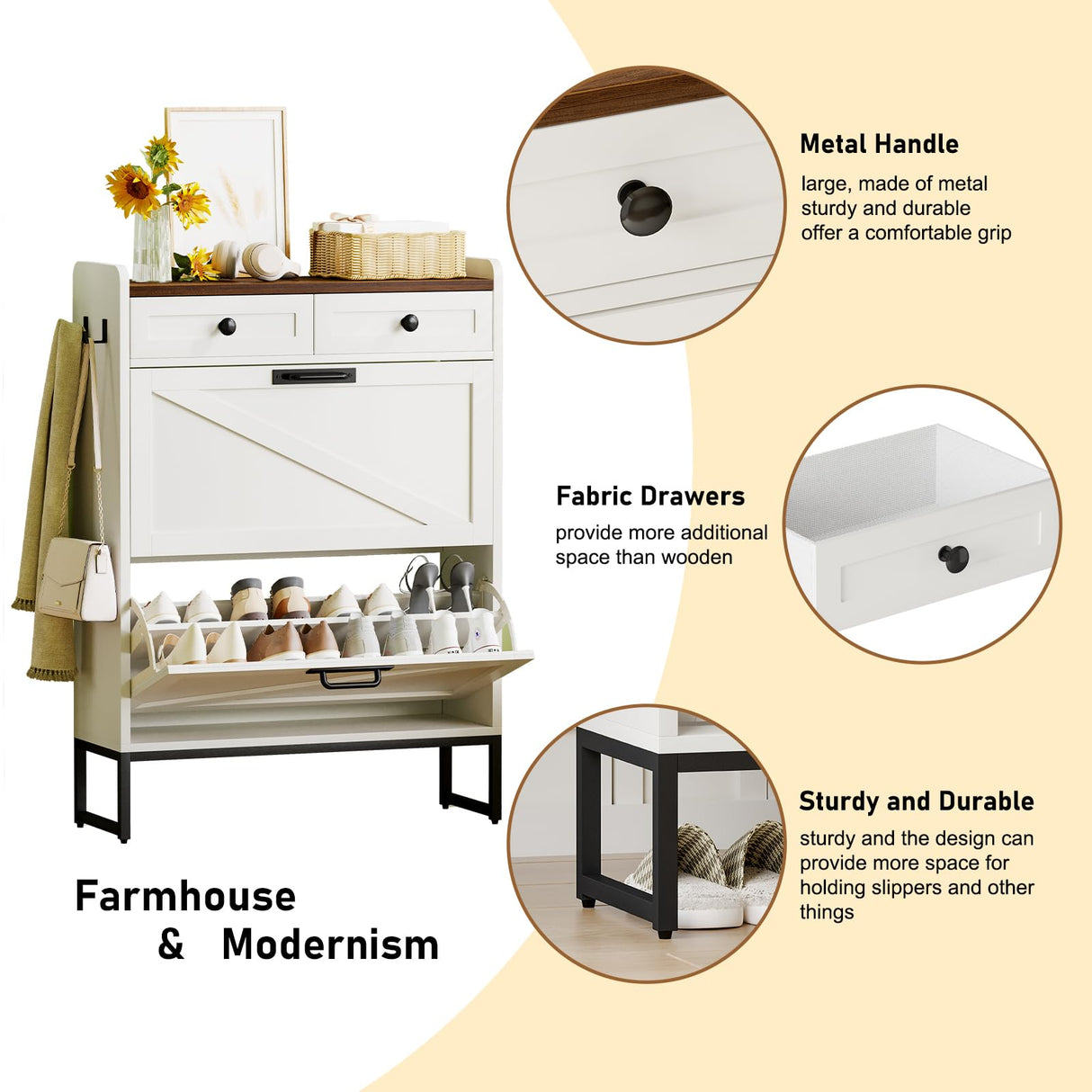 YGEOMER Shoe Cabinet Storage for Entryway, Farmhouse Shoes Organizer Rack with 2 Flip Drawers and 2 Fabric Drawers, Narrow Slim Shoe Cabinet for Door Entrance, White YGEOMER