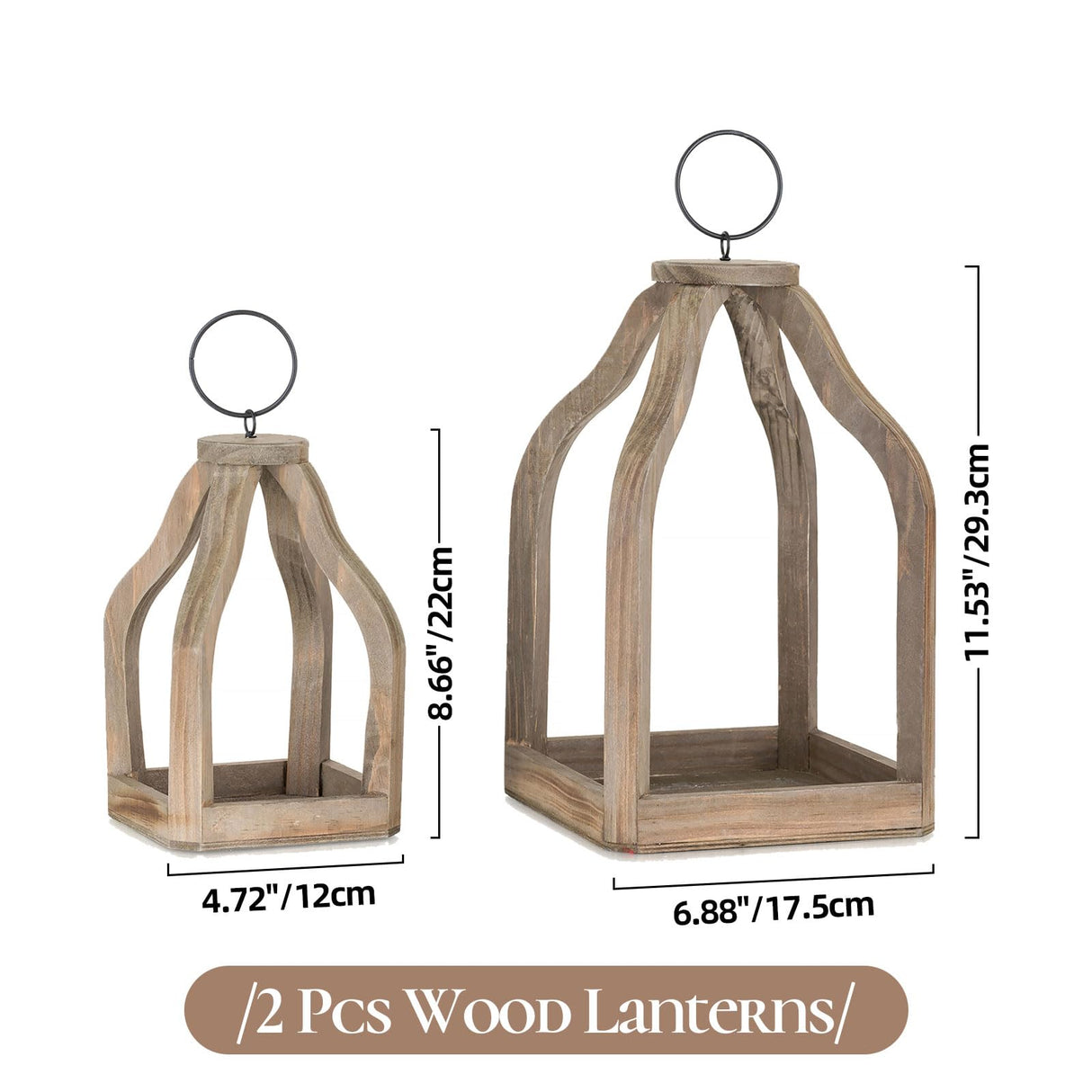 Staymoment Wood Decorative Candle Lanterns Set of 2, Indoor Farmhouse Hanging Candle Holder for Table Centerpiece Fireplace Mantle Shelf, 11" & 8" Bulk Rustic Home Decor Fall Ornaments, Brown Staymoment