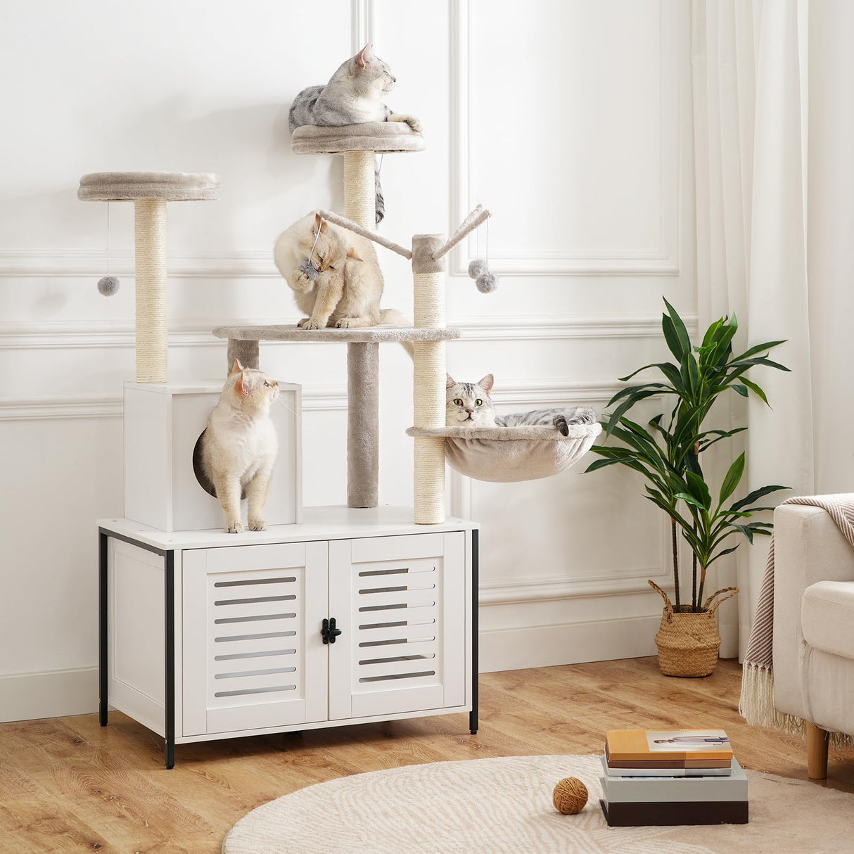 HOOBRO Cat Tree with Scratching Posts, Cat Tower Litter Box Enclosure Furniture for Indoor Cats, All-in-One Wooden Cat House Condo with Cat Hammock, Detachable Teaser Sticks, White BW14MZ03 HOOBRO