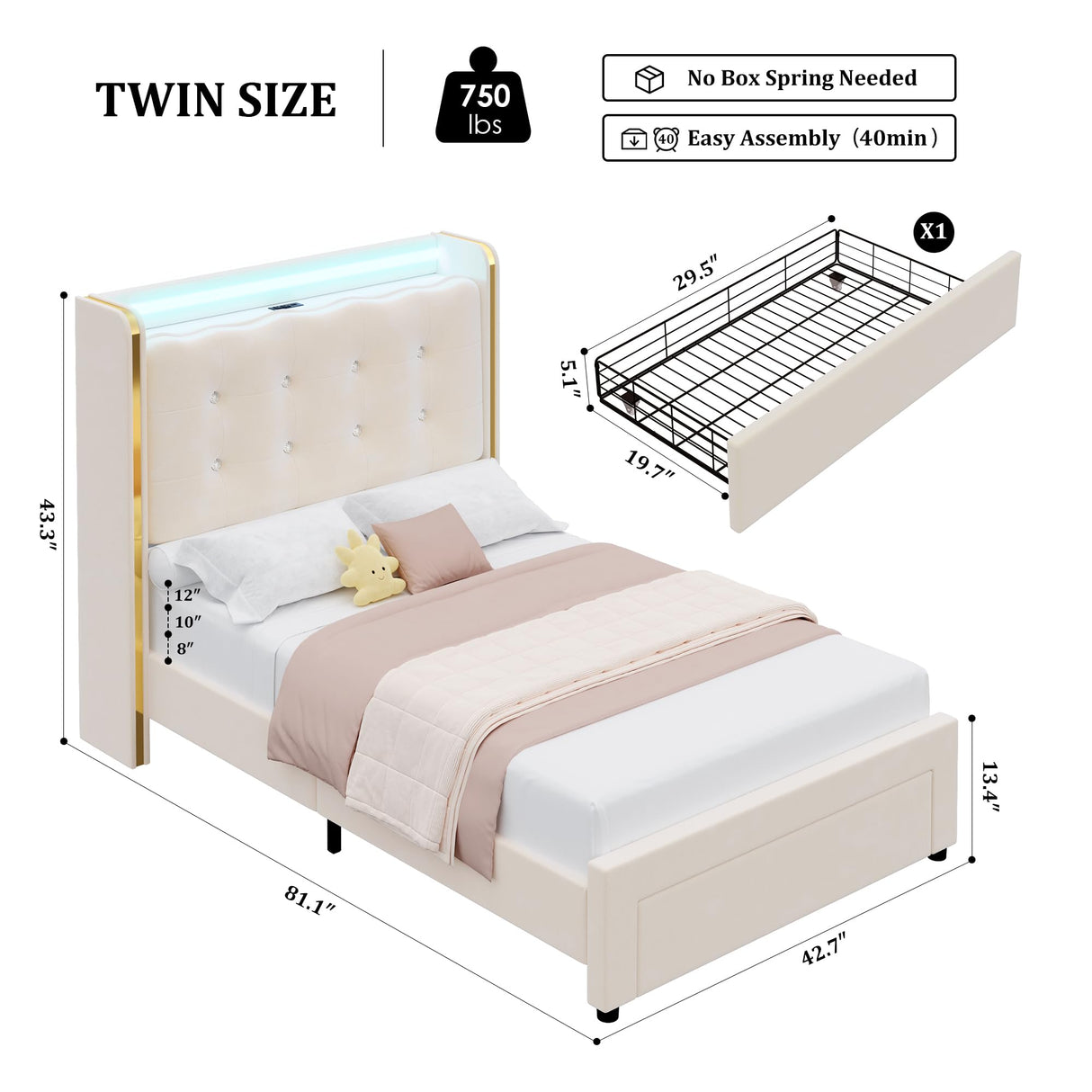 HITHOS 2 Set Upholstered Twin Led Bed Frame with Charging Station and Storage Drawer, Velvet Princess Platform Bed Frames with Crystal-Button Tufted Headboard for Girls, No Box Spring Need (Beige) HITHOS