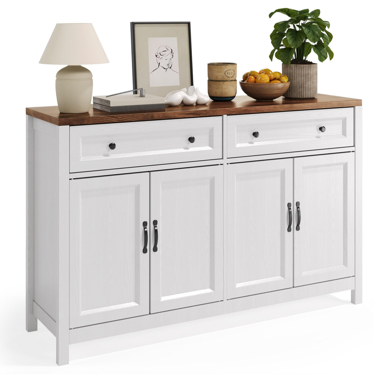 Gizoon Farmhouse Kitchen Sideboard Buffet Cabinet with Storage, Wood Coffee Bar and Storage Sideboard with Drawers and Doors for Kitchen, Dining Room, 15.7" D x 55.1" W x 35.3" H, White/Rustic Brown Gizoon