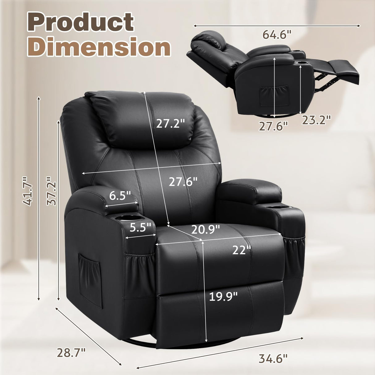 Recliner Chair, 360° Swivel Rocker Chair for Adults, Rocking Recliner Chair with Massage, Comfy Single Sofa with Side Pockets Cup Holders for Living Room, Bedroom, Nursery (Leather, Black) Furmax
