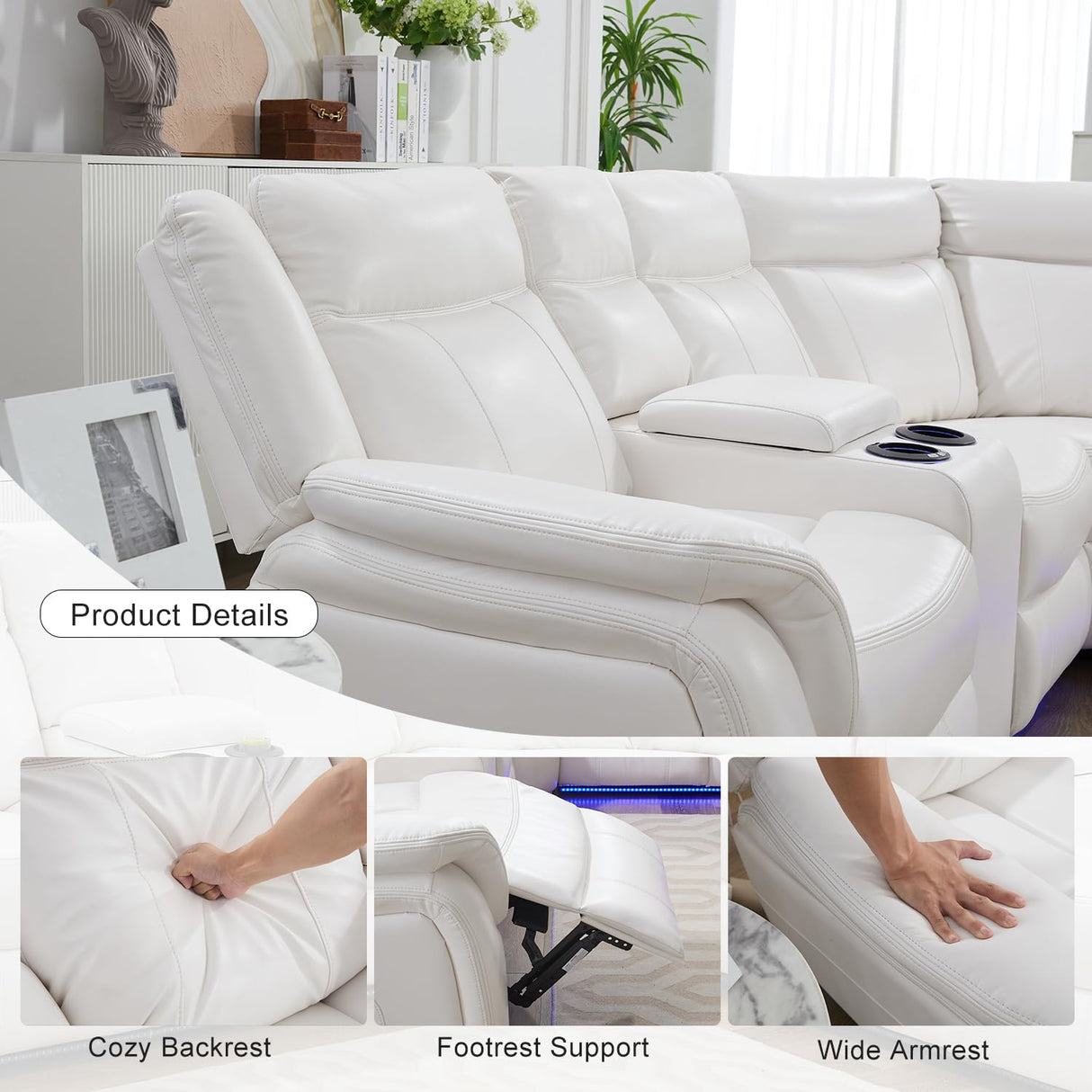 TODRANI Power Reclining Sectional Sofa 5 Seater, Faux Leather Reclining Sectional Couches for Living Room with Wall Hugger Recliner, L Shaped Furniture Sofa Sets with LED Light, USB Port, White TODRANI
