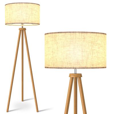LEPOWER Wood Tripod Floor Lamp, Mid Century Standing Lamp for Living Room, Flaxen Lamp Shade, Modern Design Standing Lamp with E26 Lamp Base, Tall Floor Lamp for Bedroom, Study Room and Office Brown