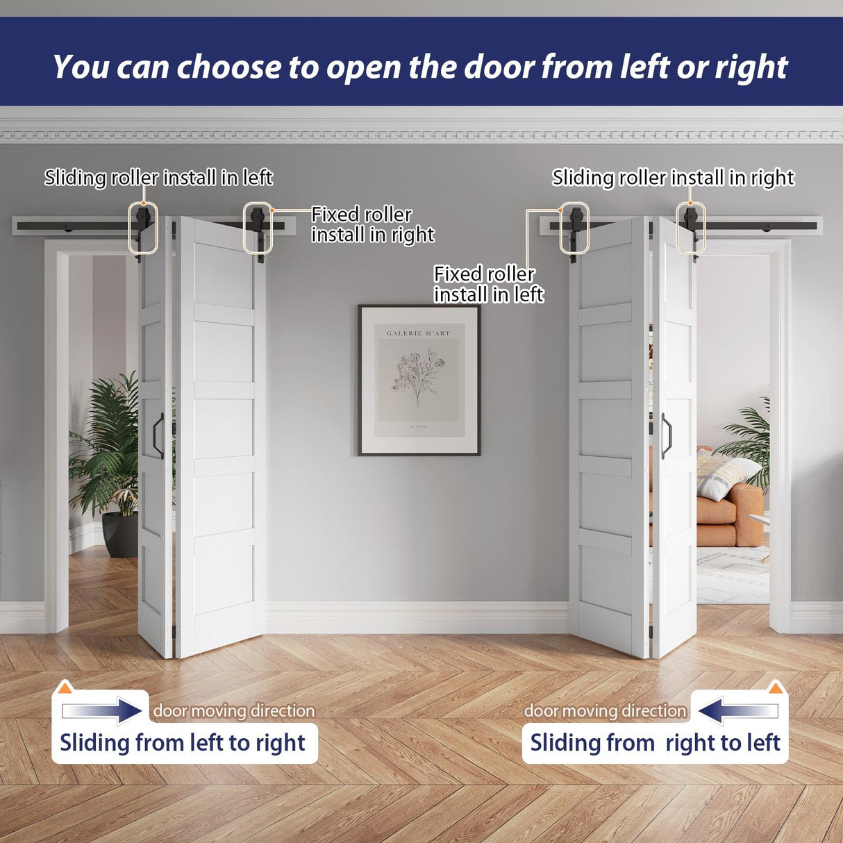 FREDBECK 48X84(Double 24x84) White Bi-fold Barn Door Sliding Folding Door Double Barn Door with 52" Hardware Kit & Handle,Solid MDF Door with Water-Proof PVC Surface for Closet,Assembly Required FREDBECK