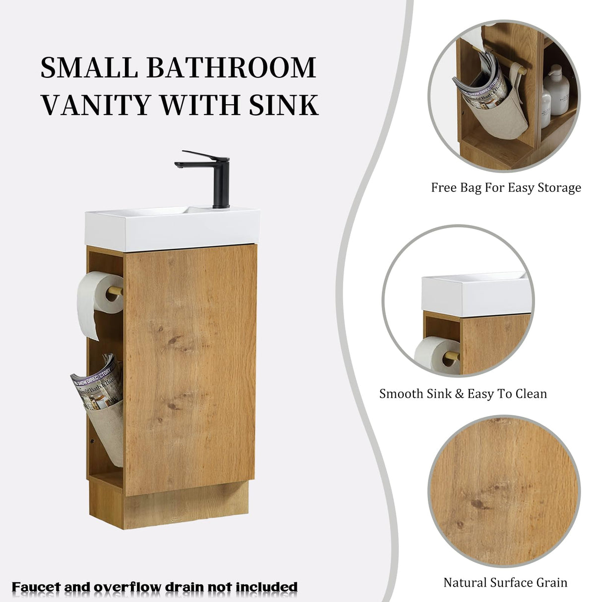 JINDOLI 16“ Bathroom Vanity Sink Combo for Small Space, Modern Floor-standing Small Bathroom Vanity with Sink, Small Bathroom Sink Cabinet Set with 2 Toilet Paper Holders, Snaefell Oak JINDOLI