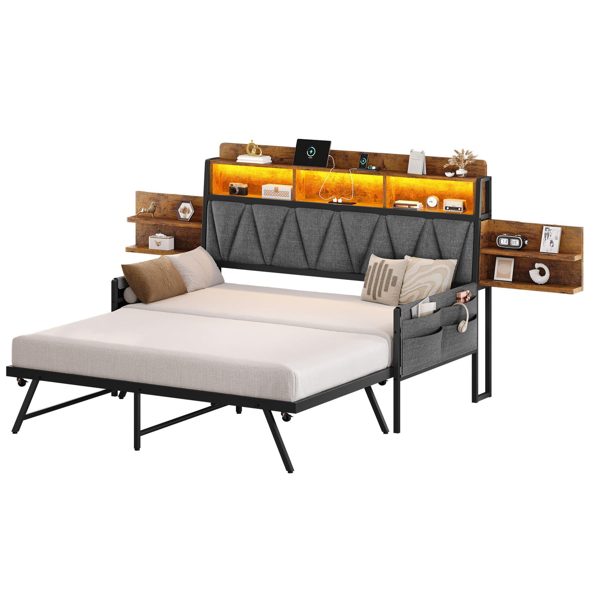 YITAHOME Twin Size Daybed with Trundle, Heavy Duty Metal Bed Frame with RGB LED Lights, Upholstered Storage Bookcase Headboard with Charging Station for Living Room, Bedroom and Guest Room, Grey YITAHOME