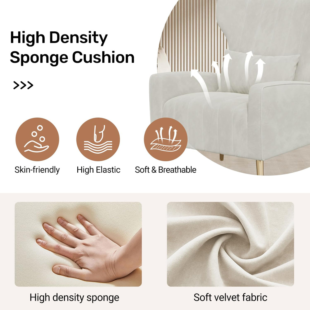 Nebuaegis Velvet Accent Chair Wingback for Living Room, High Back Arm Chair with Golden Legs Lumbar Pillow, Upholstered Single Sofa Bedroom Beige Nebuaegis