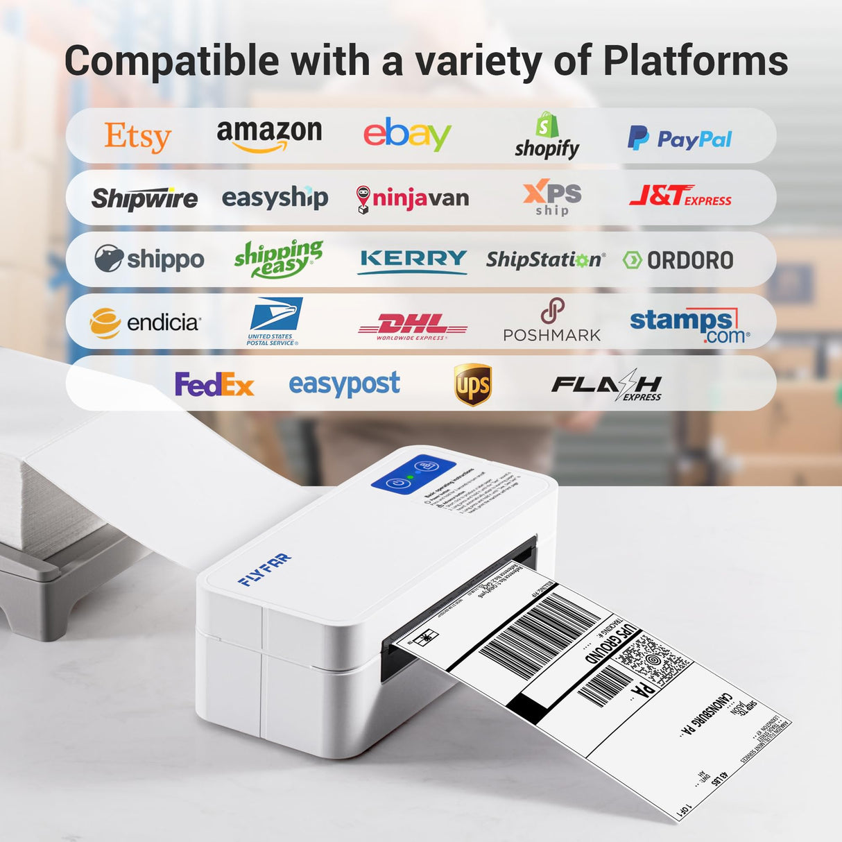 FLYFAR Bluetooth Thermal Shipping 4x6 Label Printer,Wireless Label Printer for Small Business,Support Windows,iOS,iPhone, Android,Used for Amazon,Shopify,Ebay,Ups,FedEx FLYFAR