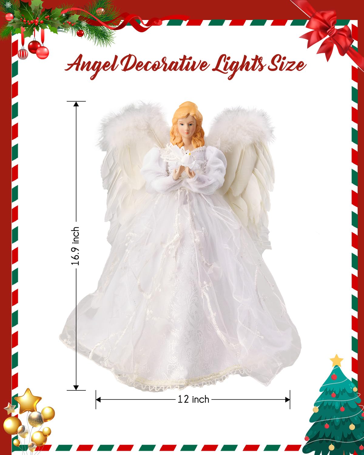 Christmas Tree Topper Angel with Lights, Xmas Tree Toppers Decorations Ornament with White Feather Wings, Plug in Christmas Tree Angel Treetop for Indoor Office Holiday Brightown