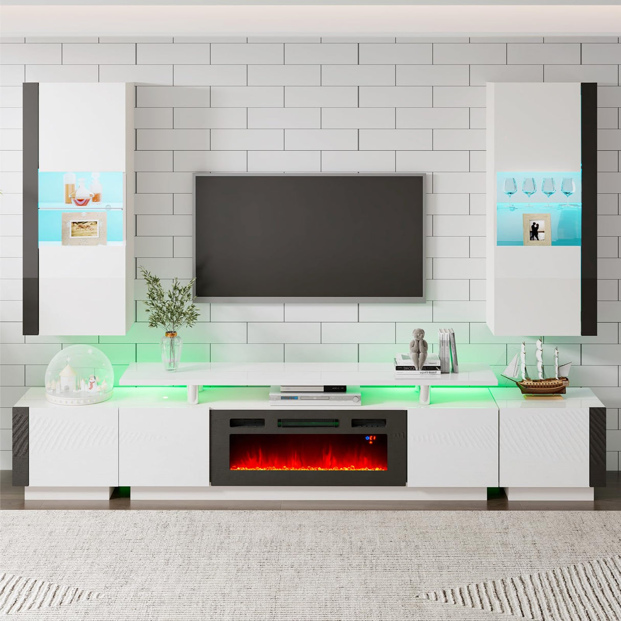 AMERLIFE Wall Unit Entertainment Center with Fireplace & Bookshelves, Includes 70" 2-Tier Fireplace TV Stand, 2 x Wall Cabinets & End Tables, Modern LED Lights TV Console for Living Room, White AMERLIFE