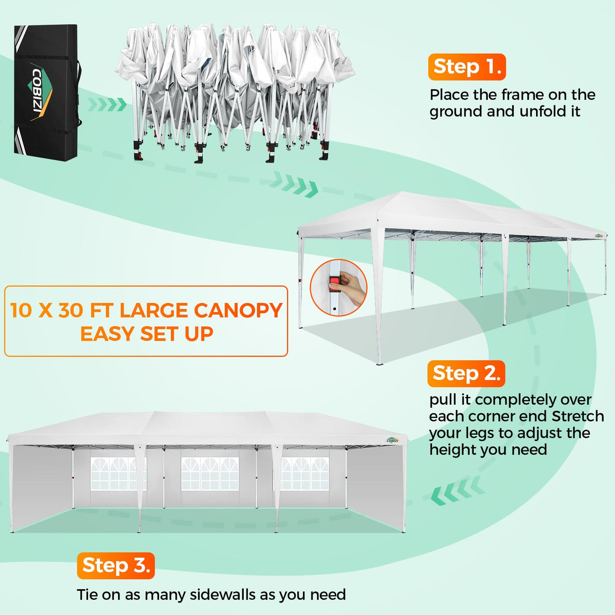 COBIZI 10x30 Pop Up Canopy Tent with Removable Sidewalls, Waterproof Portable Easy Up Canopy with Carry Bag, Instant Outdoor Shelter Tents for Parties, Events, Backyard Gatherings, Weddings, White COBIZI