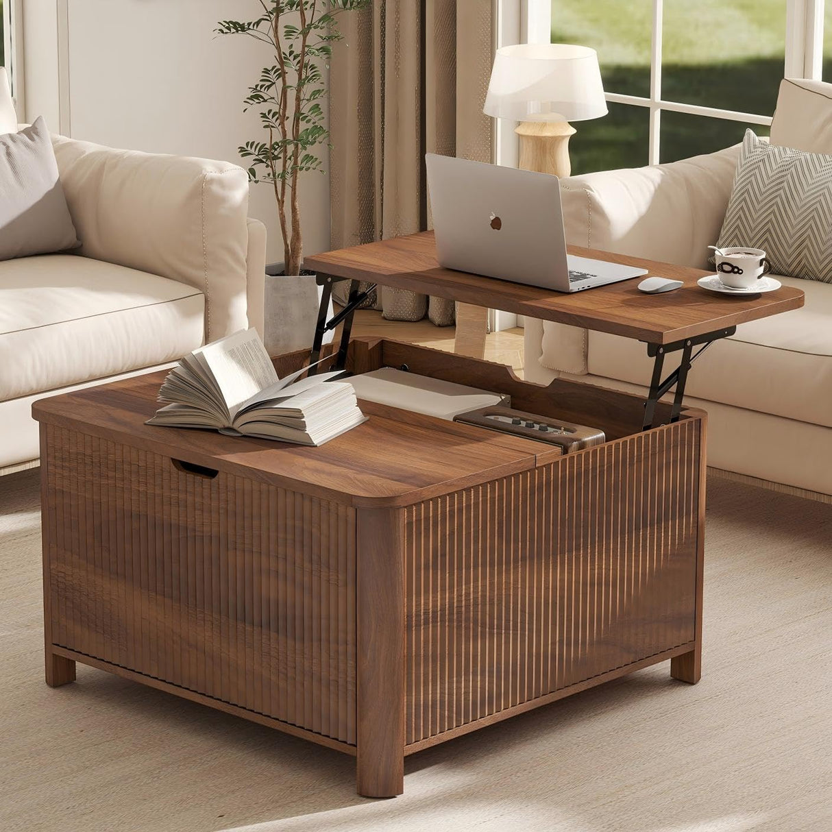 LYNCOHOME 31.5" Fluted Lift Top Coffee Table with Storage, Square Coffee Tables for Living Room, Coffee Table with Large Hidden Storage Compartment and Adjustable Shelves,Walnut LYNCOHOME