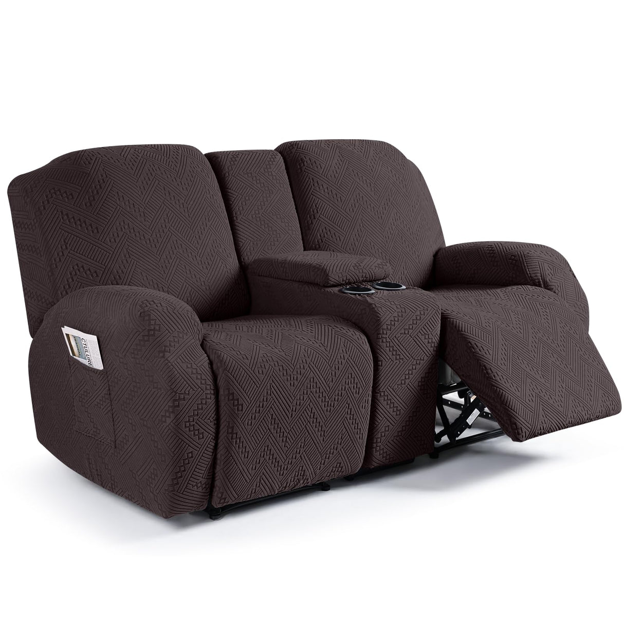 Ruaozz Stretch Loveseat Recliner Covers with Console 4-Pieces Recliner Sofa Covers with Pockets Jacquard Reclining Couch Covers Furniture Protector with Elastic Straps Bottom (2 Seater, Chocolate) Ruaozz