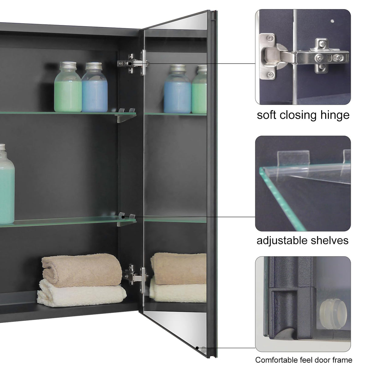 Fundin Medicine Cabinet 20 x 26 inches Mirror Size, Recessed or Surface Mount, Black Aluminum Bathroom Wall Cabinet with Mirror and Adjustable Shelves. Fundin