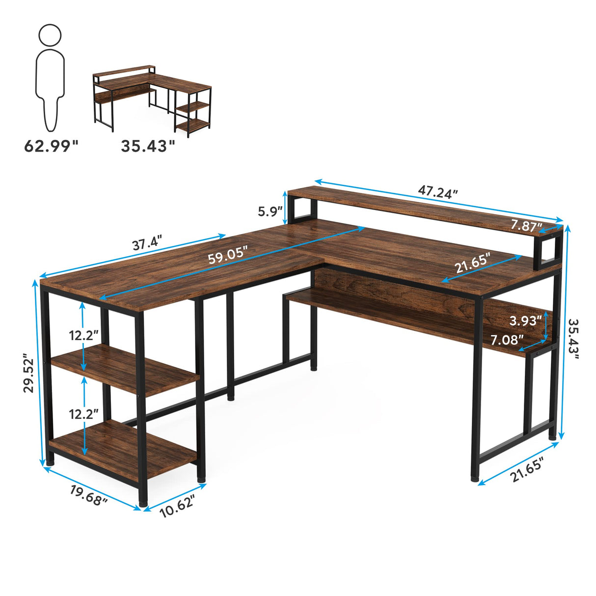 Tribesigns L Shaped Desk with Shelves, 59" Large Corner Computer Desk with Monitor Shelf, Reversible Home Office Desk with Bookshelf and Metal Frame, Two Person Desk, Rustic Brown Tribesigns