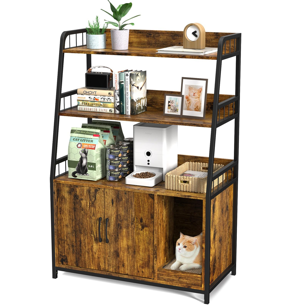 Easycom Cat Litter Box Enclosure Furniture - Large Hidden Litter Box Furniture with Shelf Storage, Wooden Cat House with Cat Scratching Pad, Large Double Door Design, Fit Most of Litter Box EasyCom