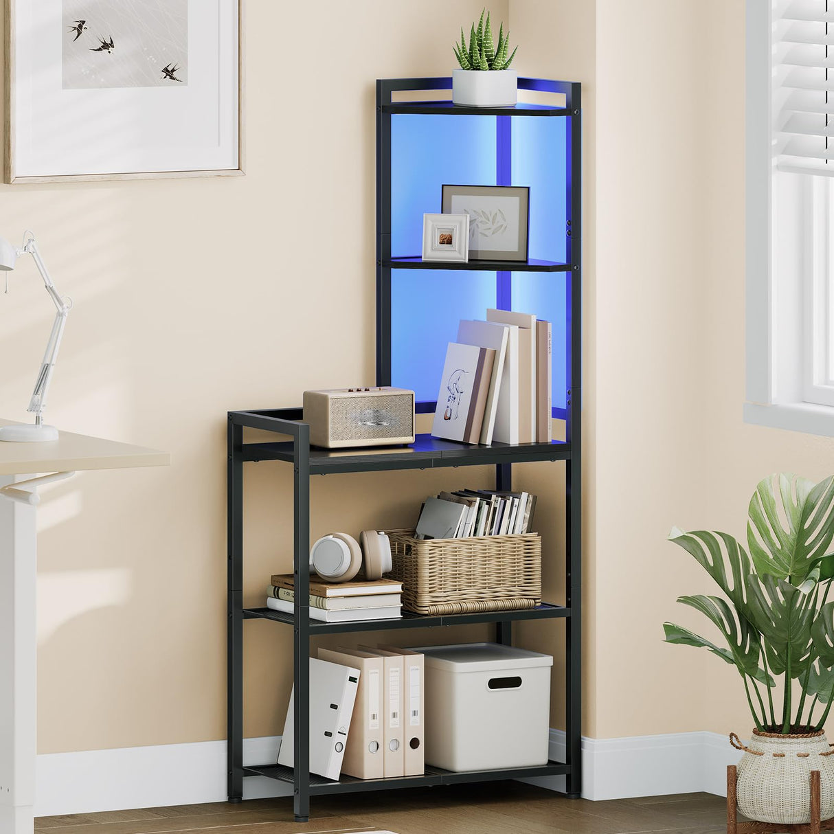 HOOBRO 5-Tier Corner Shelf Stand, Corner Shelf with LED Light, 56.3" Tall Corner Bookshelf, Display Rack Storage Organizer with Table, for Small Spaces, Living Room, Entryway, Black BB69DCJ01 HOOBRO