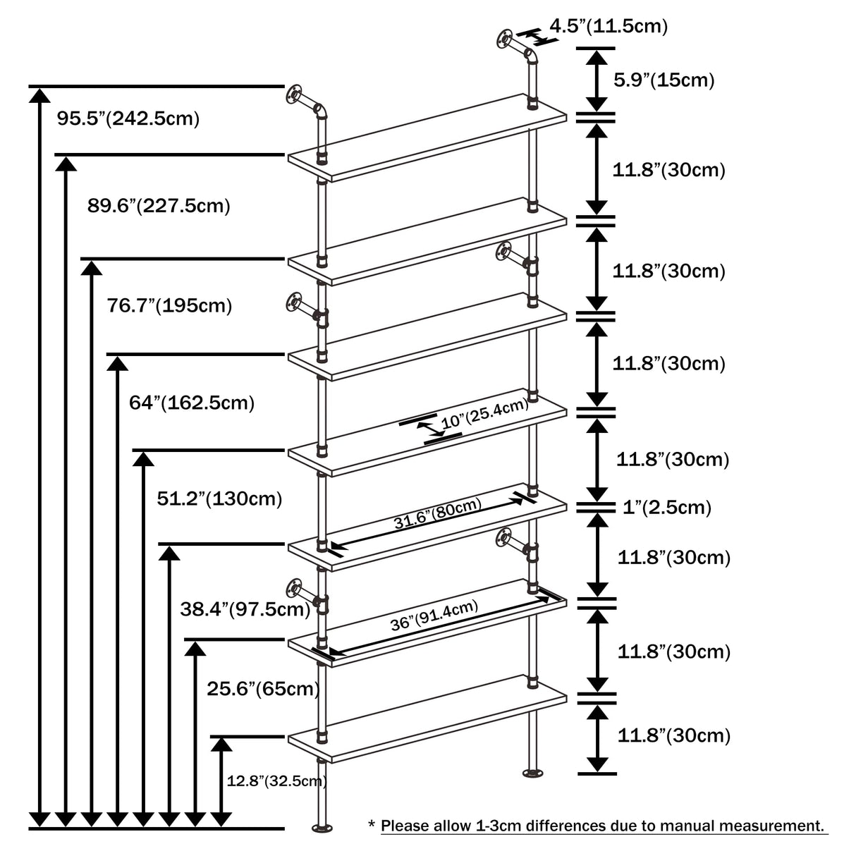 Anynice 7 Tier Industrial Wall Mounted Ladder Shelf Bookcase, Rustic Wood Metal Pipe Industrial Shelves for Living Room Decor and Storage (Weathered Brown, 7 Tier - 10" D x 36" W x 95.5" H) Anynice