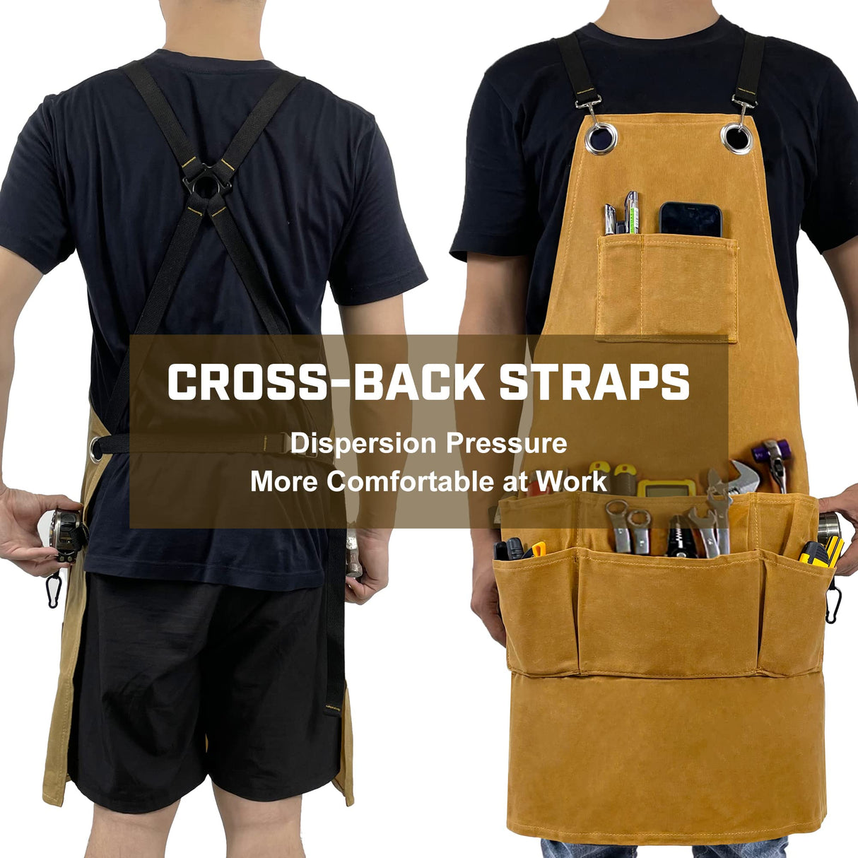 OPTIGRAM Waxed Canvas Durable Tool Apron, Heavy Duty Work Apron with 10 Pockets for Accessaries, Woodworking Work Shop Apron for Safty Protection (Khaki) OPTIGRAM