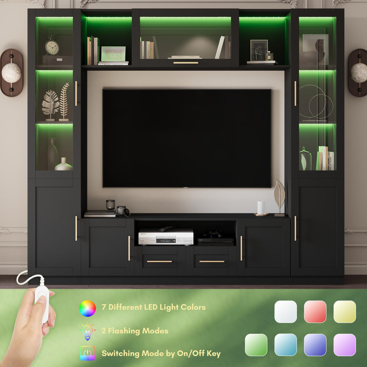 Mekminop 4-Piece Wall Unit TV Stand with LED Lights for TVs up to 70", Large Entertainment Center with Bookshelves & Bridge, Modern TV Console for Living Room, Black Mekminop