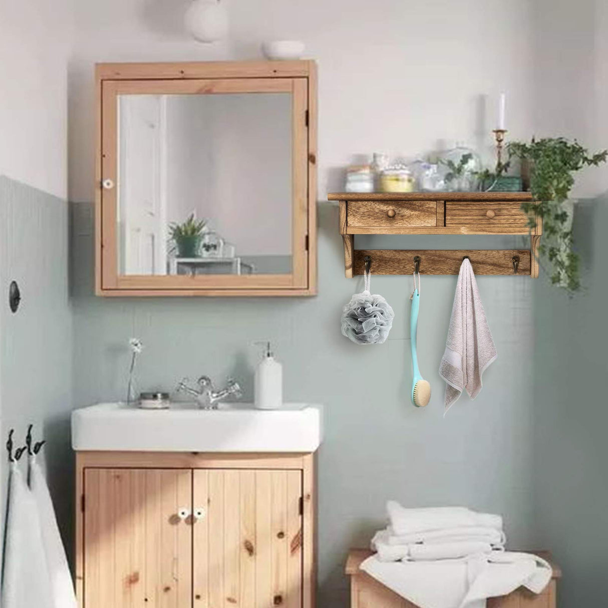 Emfogo Rustic Wood Coat Rack with Shelf & Hooks - Farmhouse Wall Mounted Coat Rack for Entryway, Mudroom, Bedroom, Kitchen, Bathroom (Brown) Emfogo