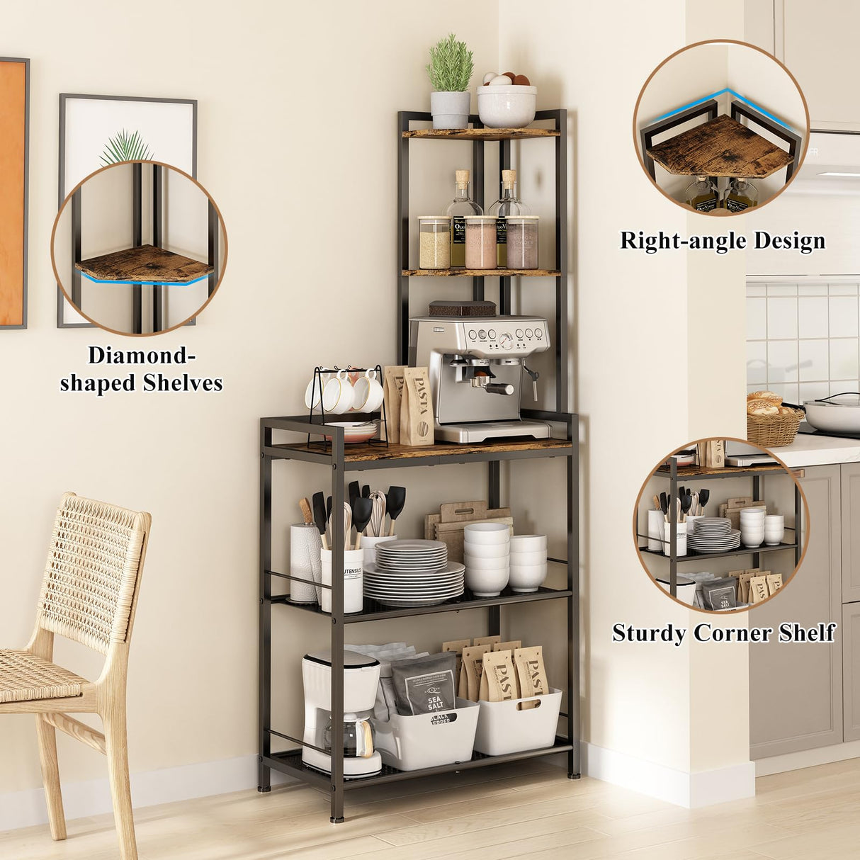 GILLAS 5 Tier Corner Shelf Stand, Freestanding Corner Shelf Unit Bookshelf, Corner Table with Shelf, Tall Storage Organizer Rack for Living Room, Bedroom, Office. Small Space, Metal, Country Rustic GILLAS