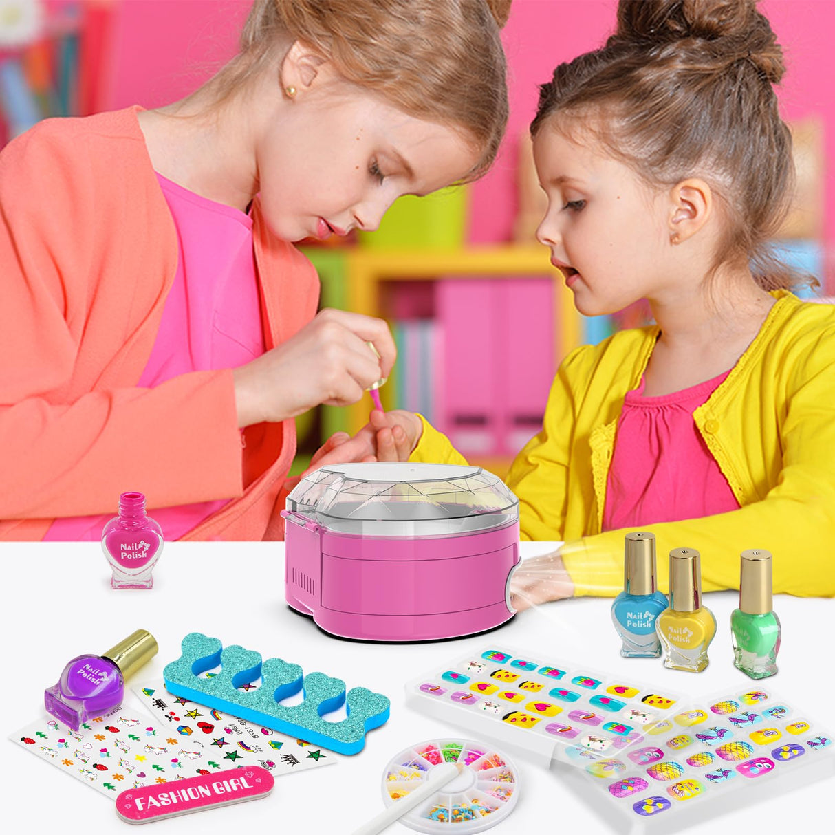 Ylovetoys Kids Nail Polish Set for Girls, Nail Art Kit for Kids Ages 7-12, All-in-One Nail Salon with Nail Dryer & Press On False Nails,DIY Decorative,Non-Toxic Polish,Stickers, Little Girl Gift Toys Ylovetoys