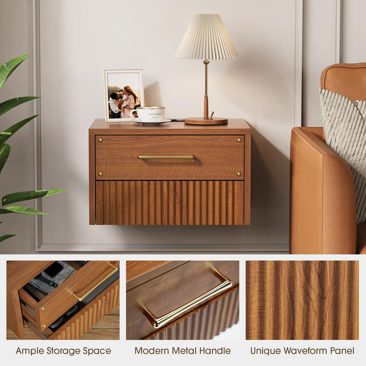 JOINICE Floating Nightstand Set of 2 with Charging Station, Mid Century Modern Wood Wall Mounted Bedside Table with Storage Drawers & Fluted End Table for Bedroom, Home Small Space, Cherry, 2 PCS JOINICE