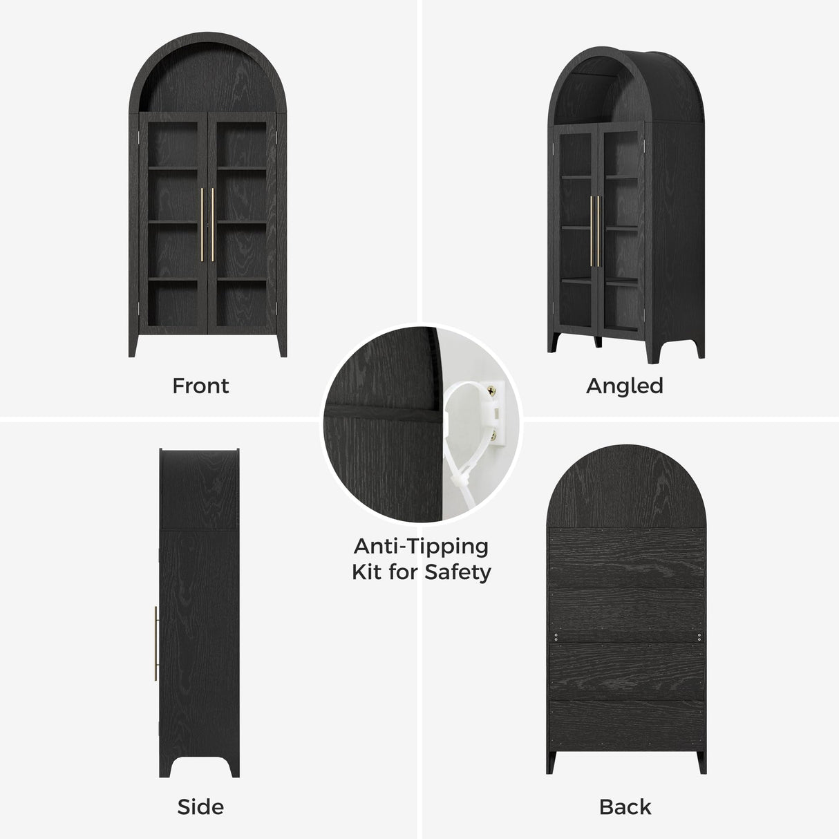 infurnic Arched Display Cabinet, 63'' Tall 5-Tier Arched Bookcase with Glass Doors & Adjustable Shelves for Living Room, Dining Room & Kitchen, Black infurnic