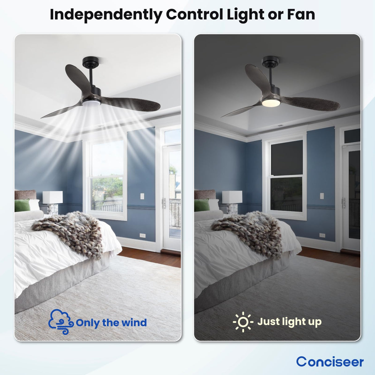 Wood Ceiling Fans with Lights, 52 Inch Ceiling Fans with Light and Remote for Bedroom Living Room Kitchen Office, Indoor/Outdoor Use, 3CCT Dimmable, 3 Blades 6 Speed Reversible Quiet DC Motor, Black Conciseer