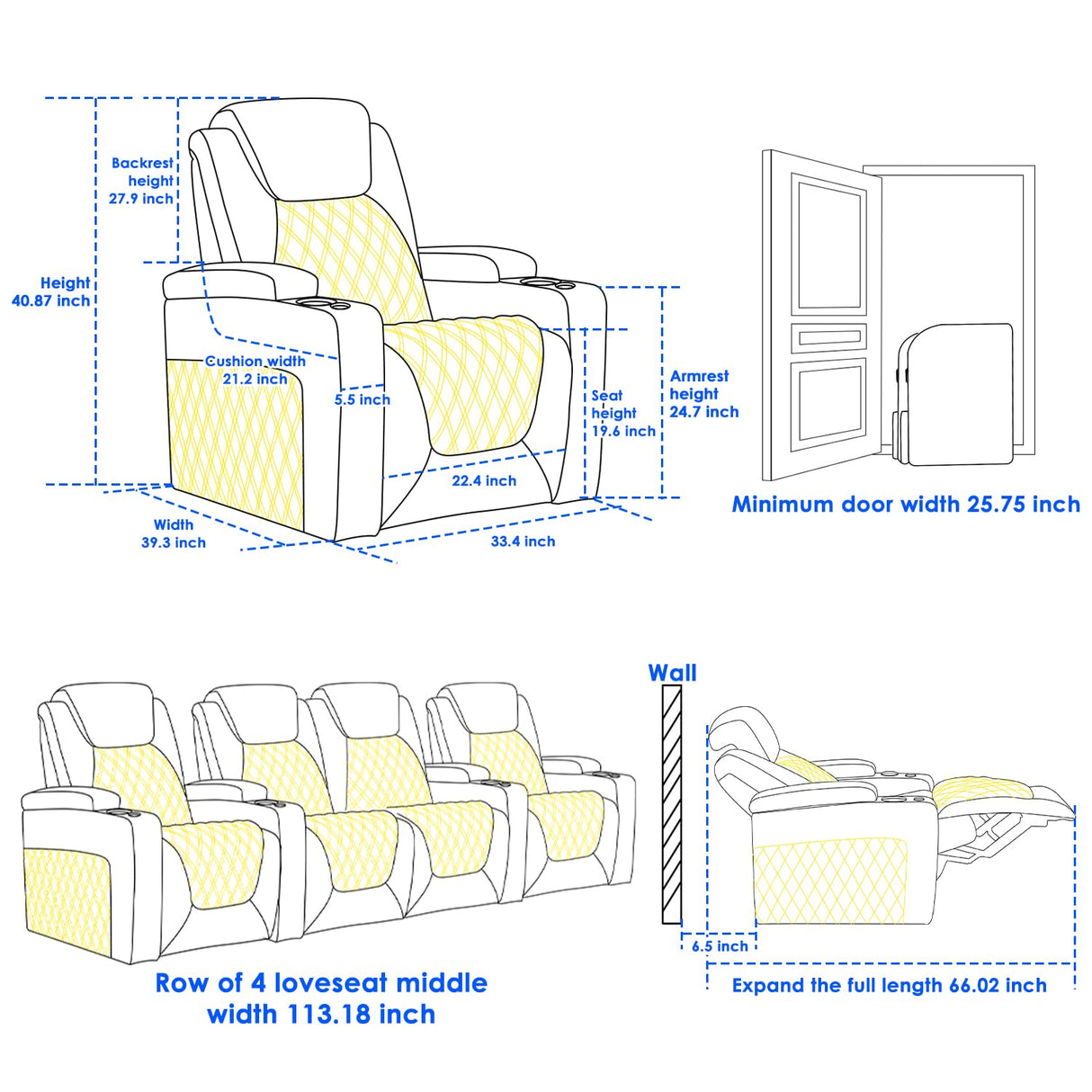 Weilianda Chic Top Grain Leather Home Theater Seating Power Headrest Recling Movie Gaming Recliner Sofa with 7 Colors Ambient Lighting, Golden Cup Holder Carbon Fiber Tray Table Loveseat Blue Weilianda