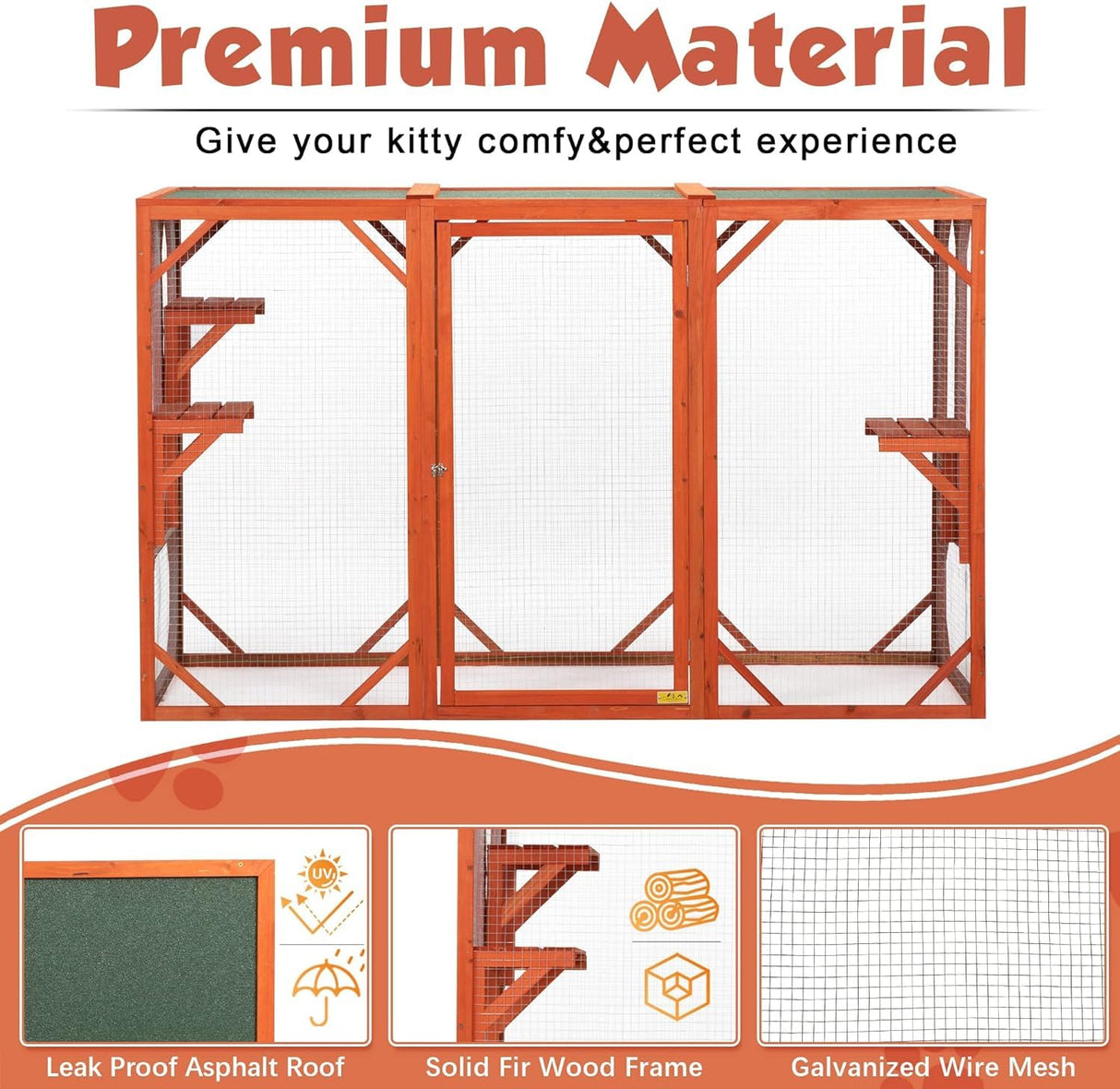 COZIVVOVV Outdoor Cat Enclosures, Large Cat Cages Indoor Large with 3 Platforms, Wooden Cat Crates for Outside, Weatherproof Cat House & Cat Condo with Asphalt Roof, Orange COZIVVOVV
