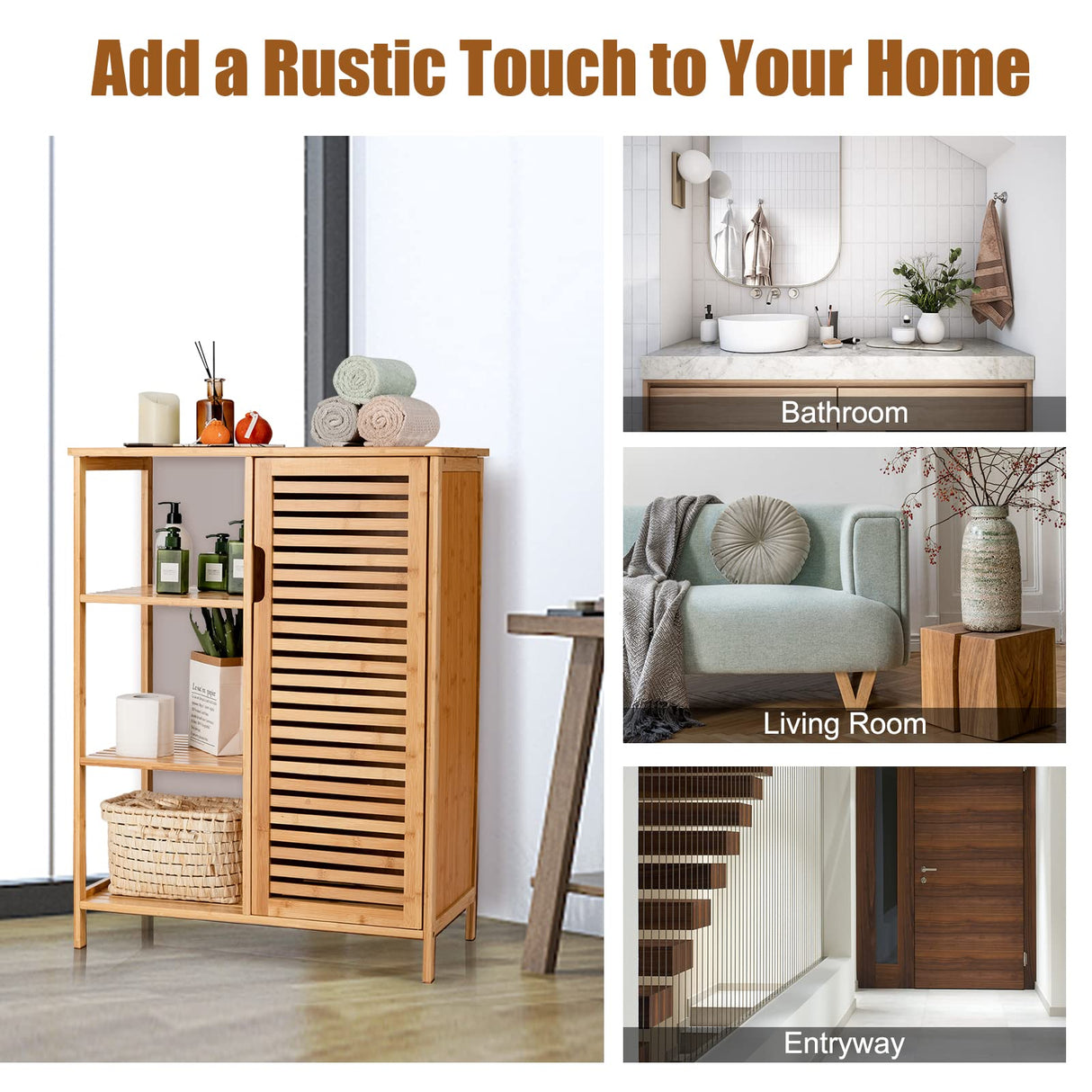 Tangkula Bamboo Bathroom Floor Cabinet, Storage Cabinet with Shutter Door and 3 Tier Shelves, Freestanding Floor Cabinet for Bathroom Living Room Kitchen Hallway, Bathroom Cabinet, Natural Tangkula