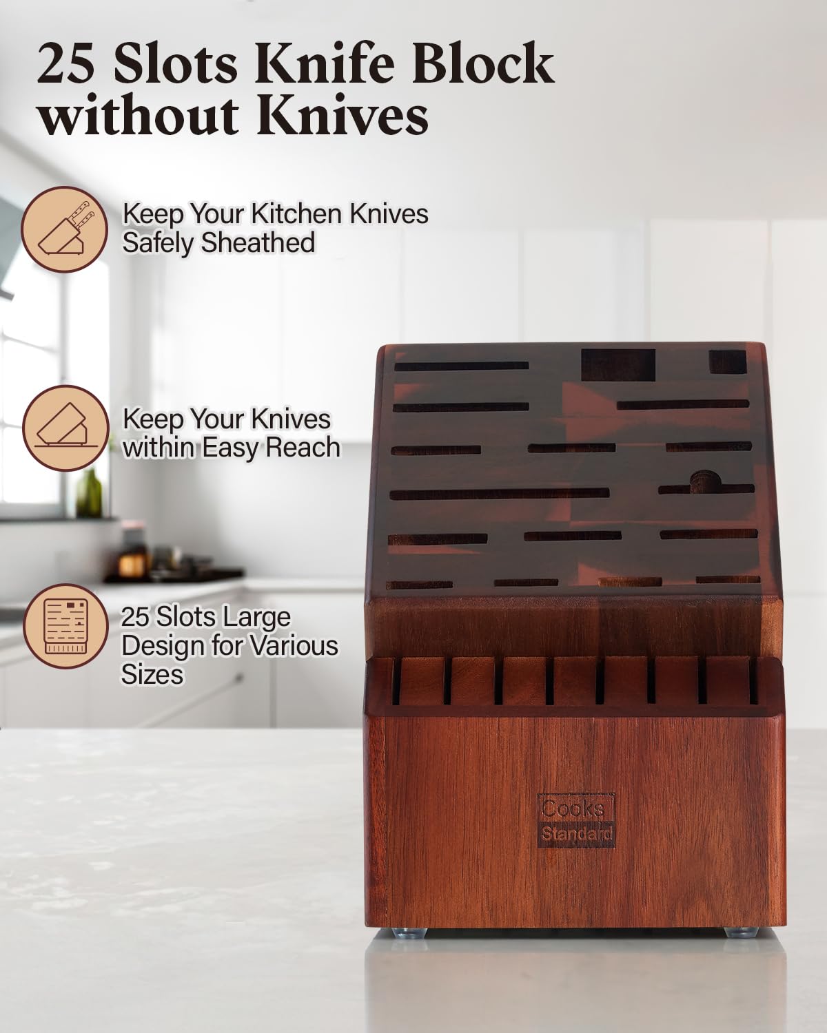 Cooks Standard Acacia wood Knife Block Holder without Knives, 25 Slot X-Large Universal Countertop Butcher Block Kitchen Knife Stand for Easy Kitchen Storage Cooks Standard