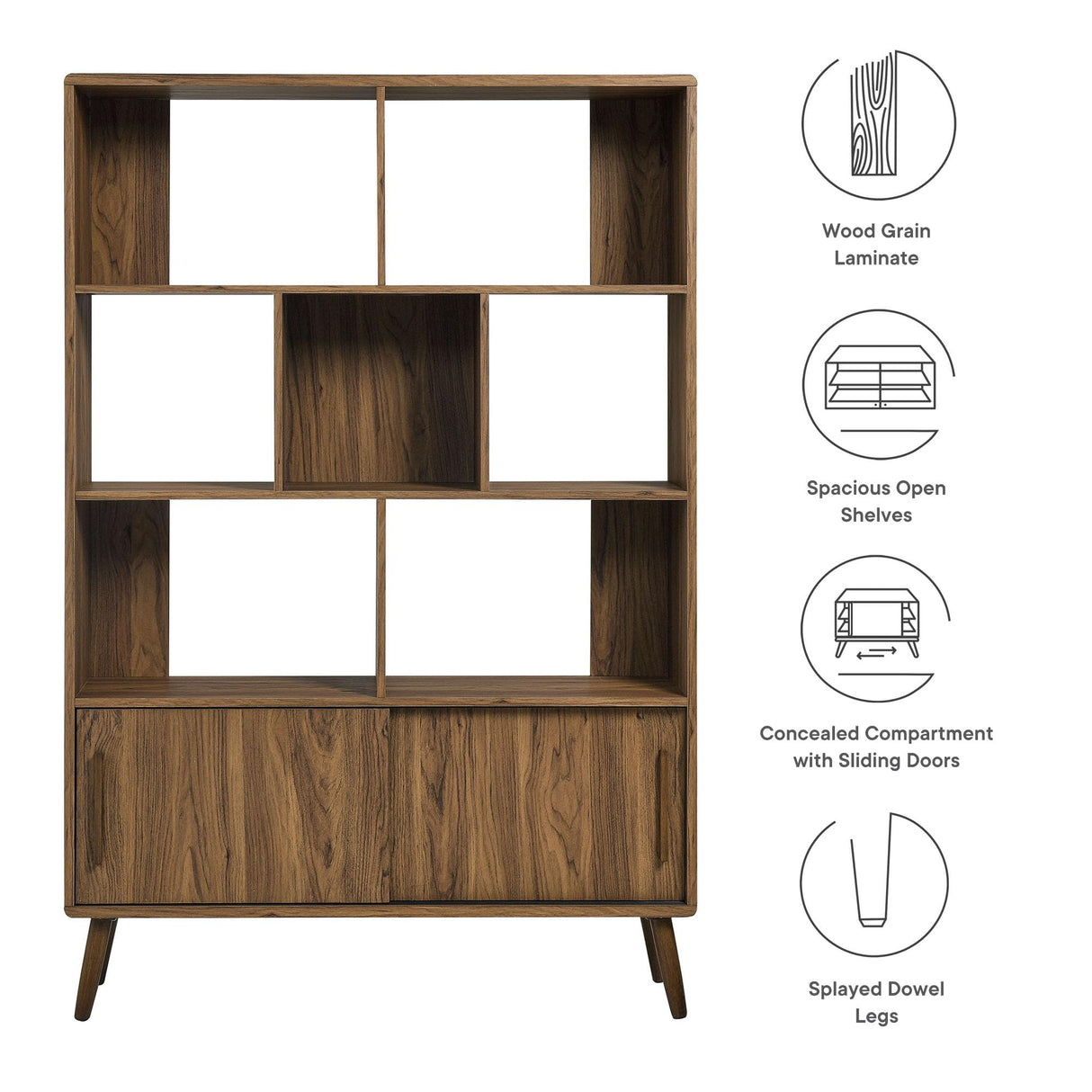 Modway Transmit 8 Shelf Bookcase with Sliding Doors in Walnut - 45 Inch Wood Mid-Century Modern Bookshelf - 4 Tier Tall Open Display Storage Cabinet for Living Room, Office, Hallway Modway