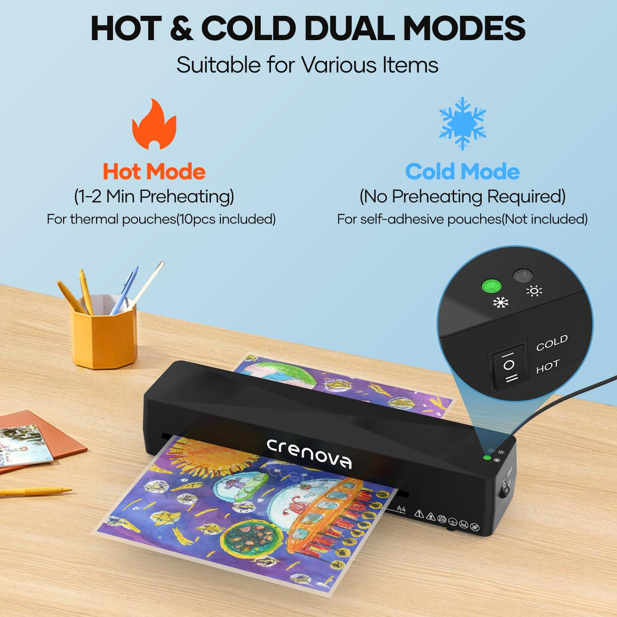 Crenova Laminator Machine with 10 Laminating Sheets, A4 Laminating Machine Hot & Cold with Fast Warm Technology, Thermal Laminator 9 Inch for Home Office School Business Black Crenova